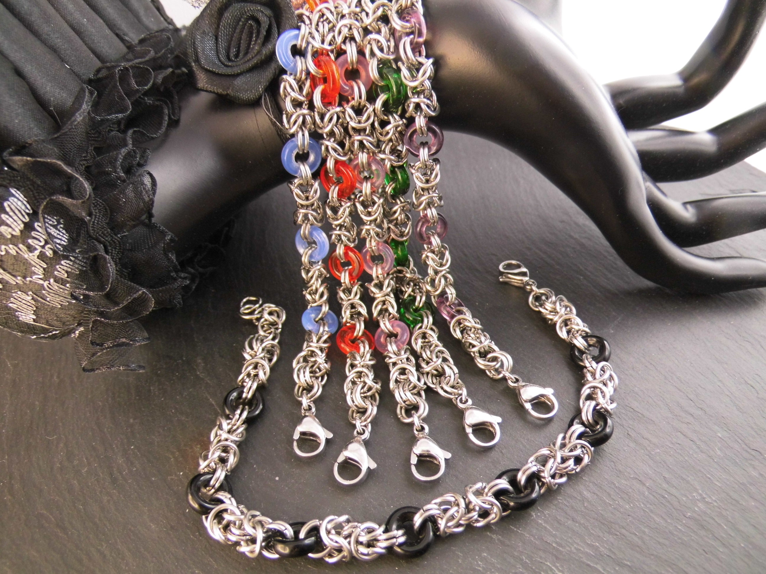 Edelstahl Armband Chainmail mit Glaselementen